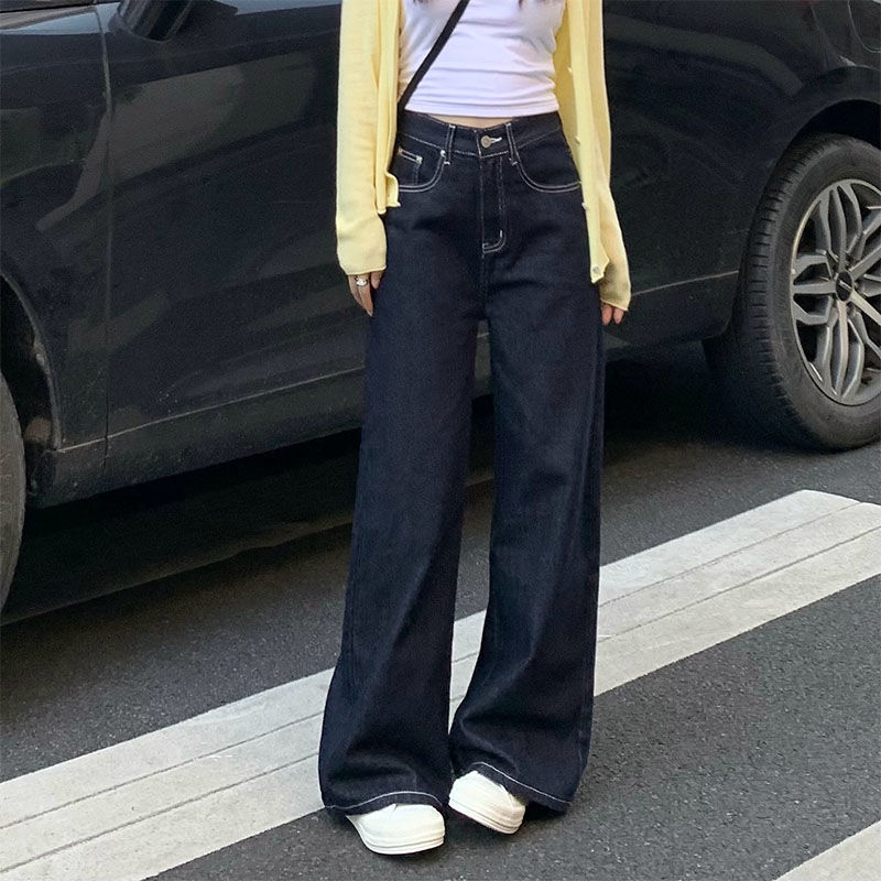 外穿百搭阔腿裤胖mm2026年女韩版高腰新款宽松牛仔裤子拖地深蓝色