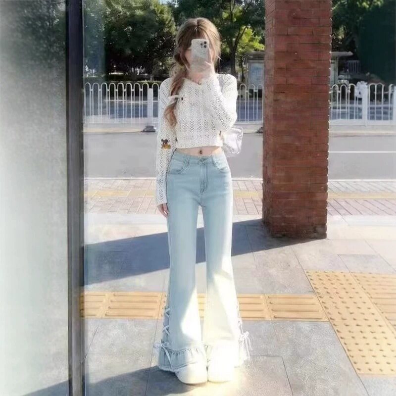 辣妹高腰微喇牛仔裤裤子