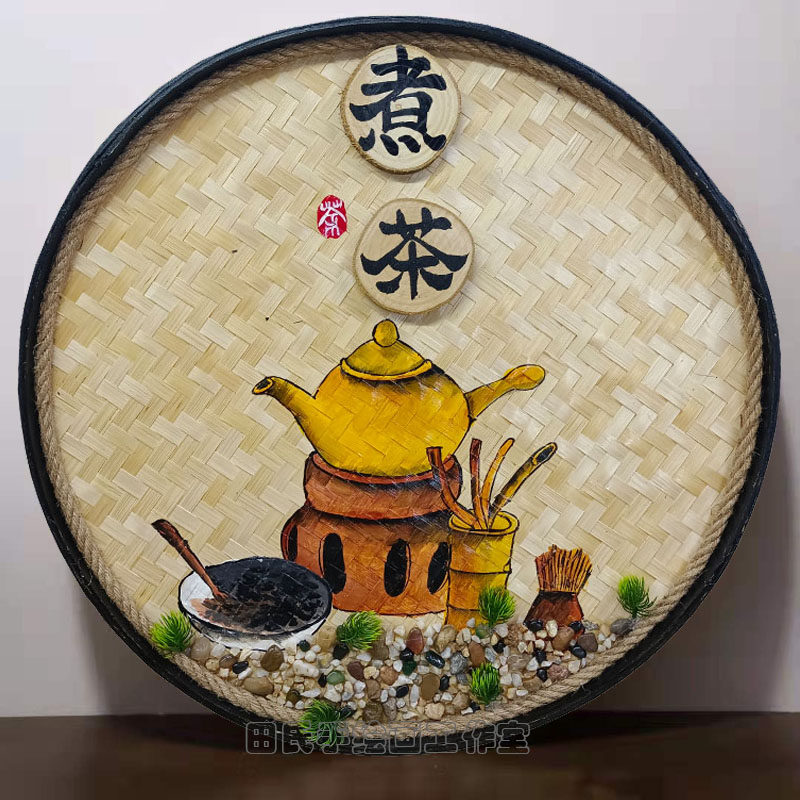 手绘竹编装饰画复古怀旧茶坊茶庄茶室墙面挂件墙壁挂饰创意墙饰品