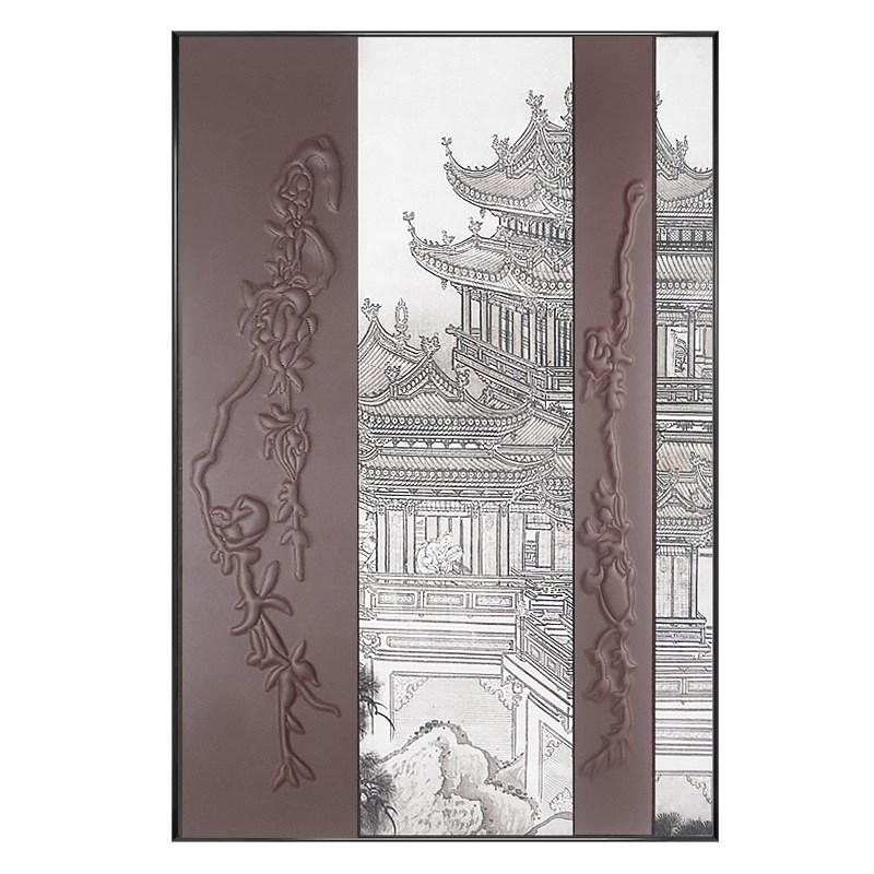 新中式皮雕实物画入门玄关装饰画3d立体走廊尽头挂画过道建筑竖版图片