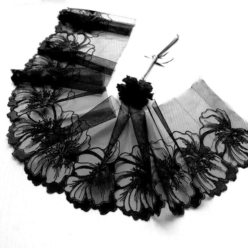 22厘米宽深黄绿色黑色刺绣网纱蕾丝辅料花边裙子下摆裹胸袖口领口