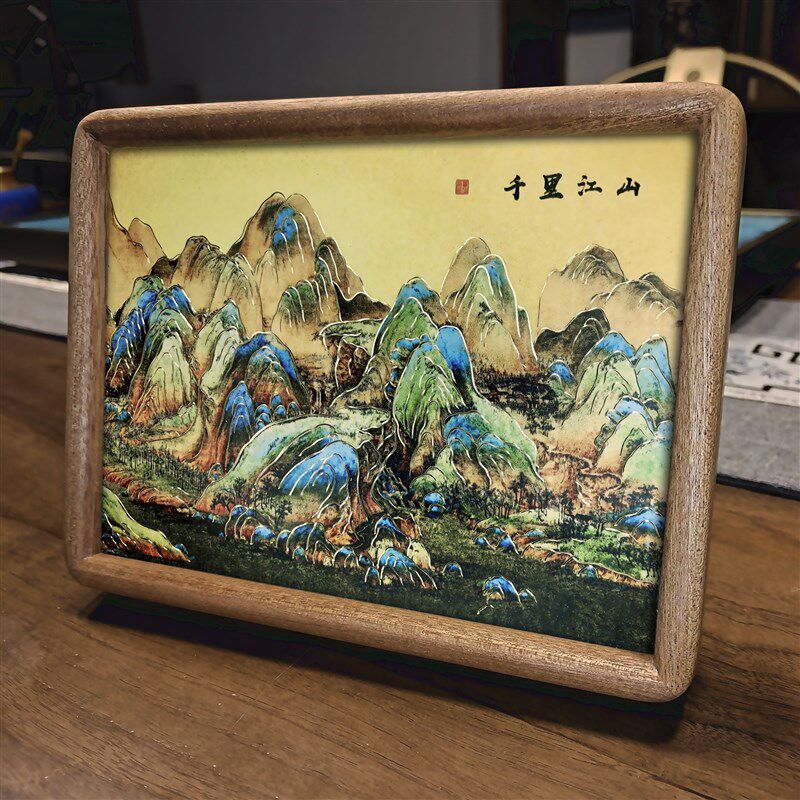 铜雕画康熙福千里江山手工錾刻画桌面摆台书房挂画办公摆件画实木