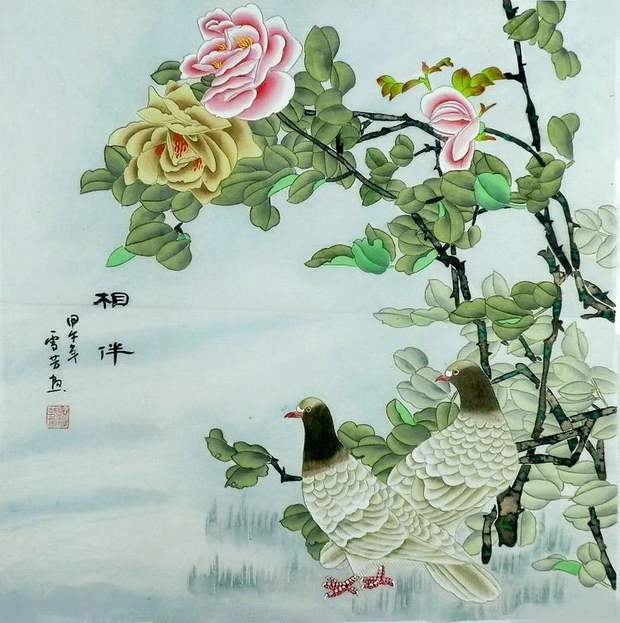 GG手绘字画中式客厅装饰画顾雪芳四尺斗方国画工笔画花鸟鸽子牡丹图片