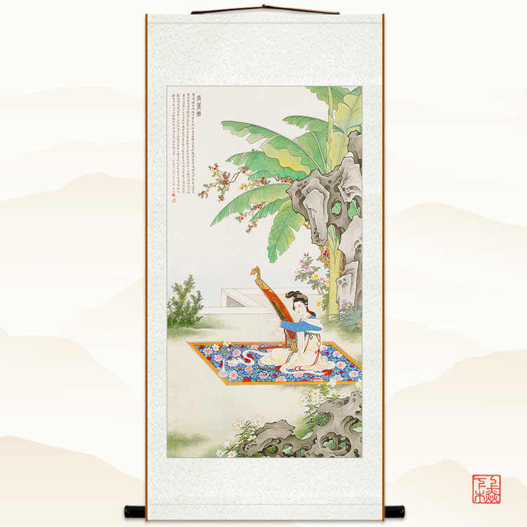吹箫引凤图 箜篌图仕女抚琴人物卷轴挂画 书房绢布丝绸装饰画定制