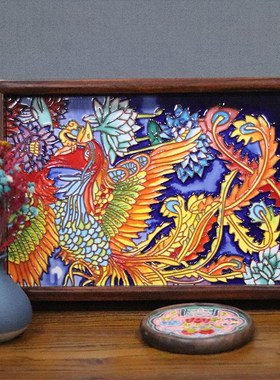 23*33老榆木托盘手工镶嵌瓷板画收纳茶台桌摆装饰工艺礼品