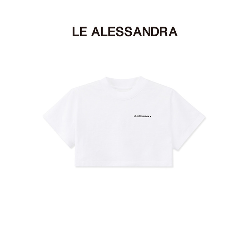 品牌直营 LE ALESSANDRA 竹节棉字母圆领短袖T恤女纯棉短款上衣