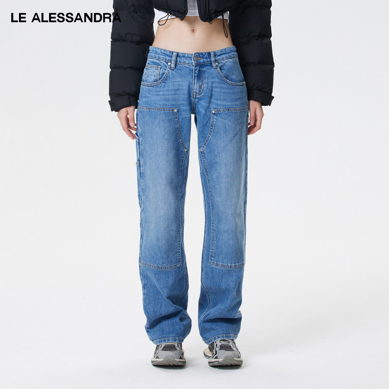 品牌直营 LE ALESSANDRA 蓝色工装拼接设计中低腰棉质牛仔裤