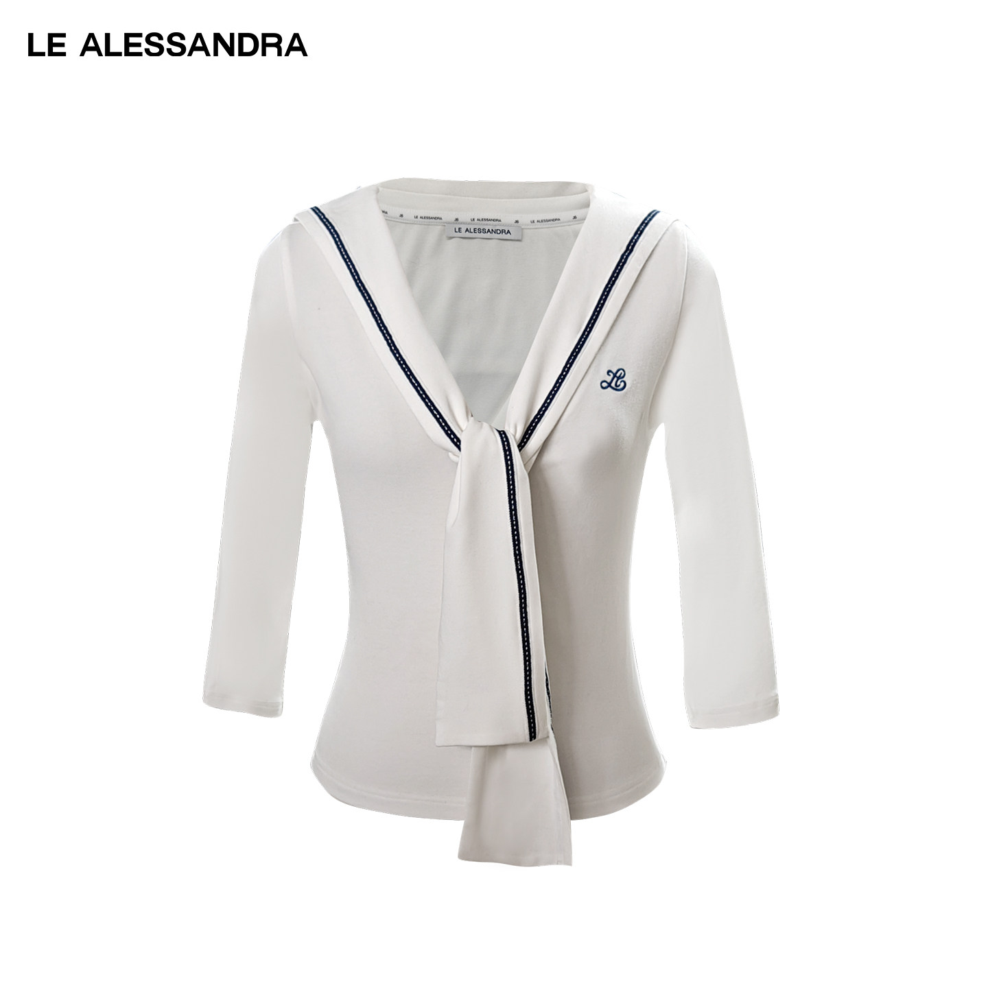 品牌直营 LE ALESSANDRA 春夏海军刺绣7分袖针织羊毛舒适领带上衣