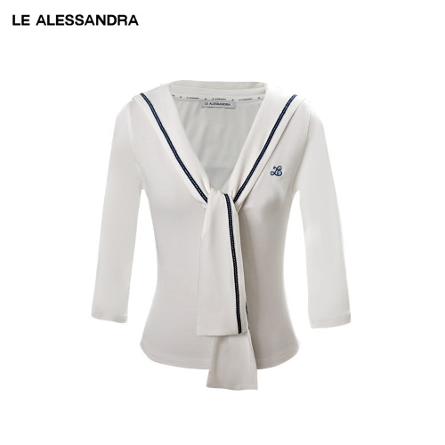 品牌直营 LE ALESSANDRA 春夏海军刺绣7分袖针织羊毛舒适领带上衣