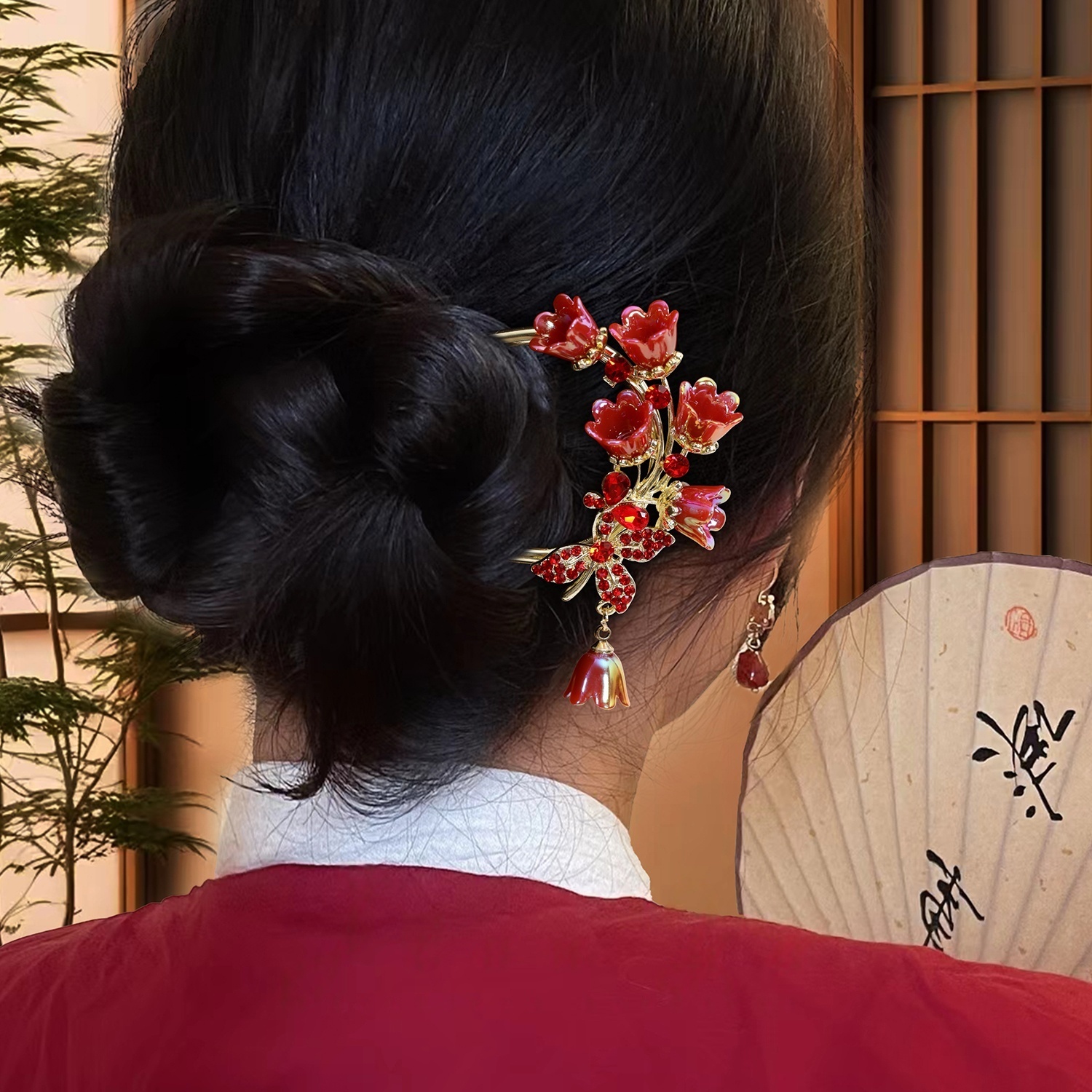 红色水钻铃兰u型发簪新中式盘发发钗古风订婚新娘敬酒服头饰发饰