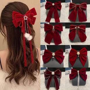 秋冬红色订婚蝴蝶结头饰发夹女新娘结婚敬酒服发卡新年后脑勺夹子