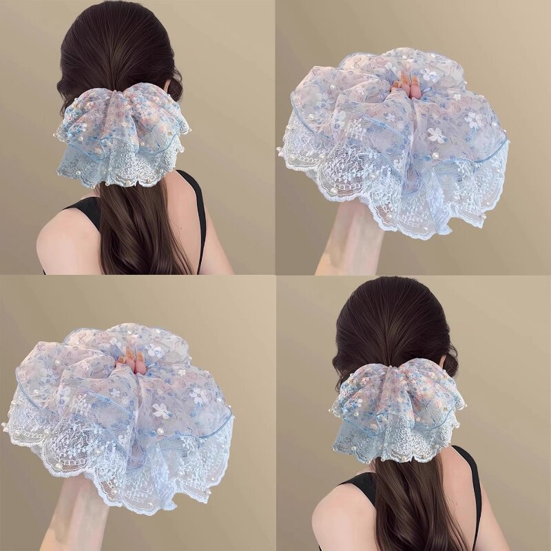 双层欧根纱珍珠大肠发圈发绳发饰