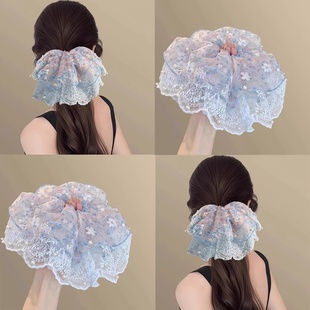 新款双层欧根纱珍珠大肠发圈高级感低马尾半扎发蕾丝发绳发饰头饰