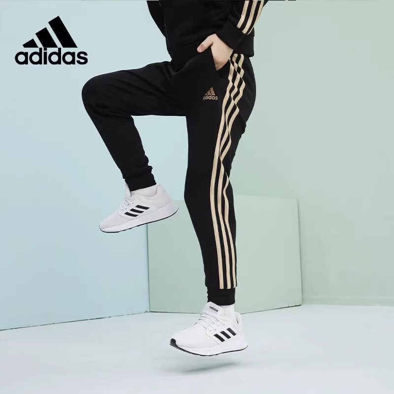 Adidas阿迪达斯儿童男女同款春秋百搭束脚条纹休闲运动长裤