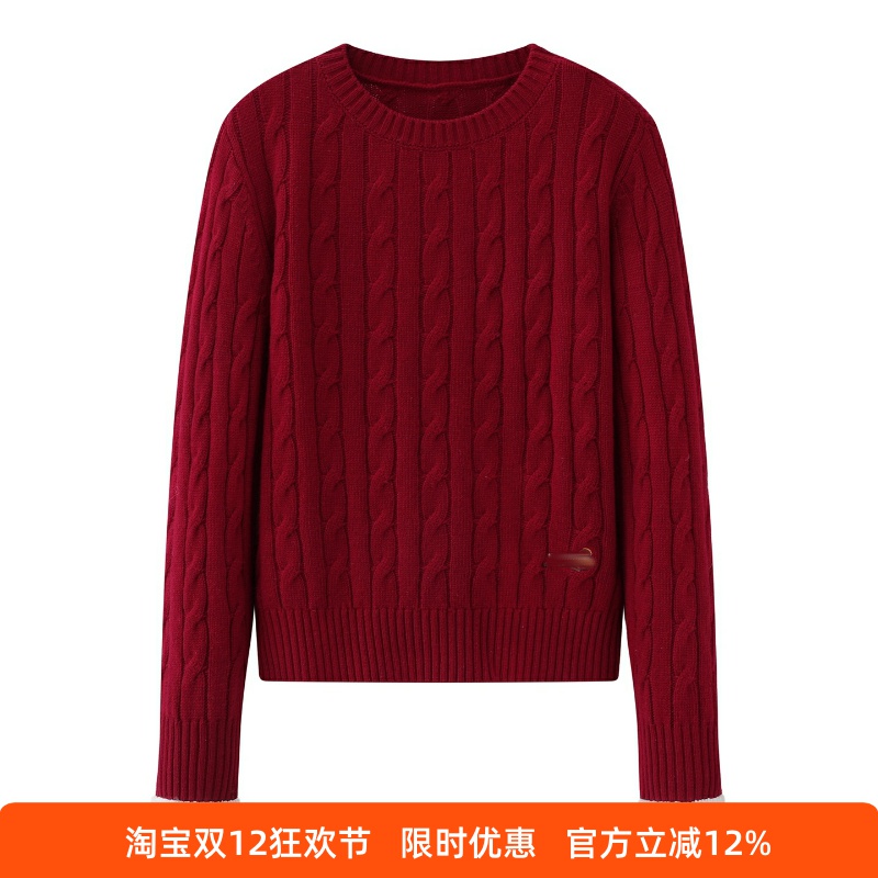 花纹圆领针织衫女长袖花边毛衣