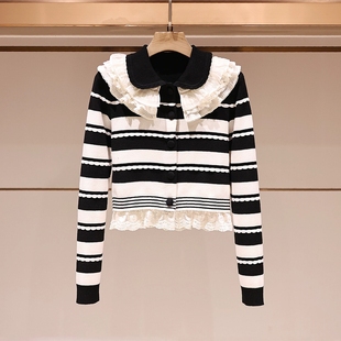 2026早春新品拉菲洛可可饰边黑白撞色飞条纹针织姆开衫26C21ZM166