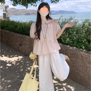 2025新款 法式 女夏季 少女感蝴蝶结泡泡袖 减龄显瘦粉色甜美上衣 衬衫