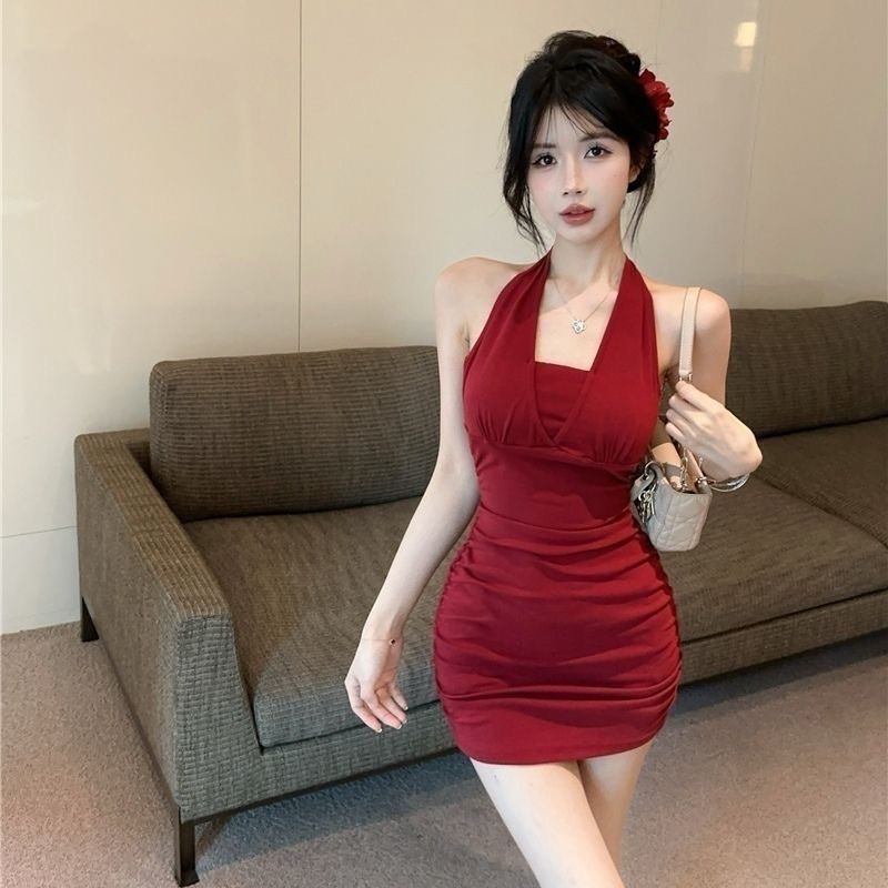 紫色抹胸挂脖吊带女夏季2025新款修身名媛显瘦褶皱法式气质背心女