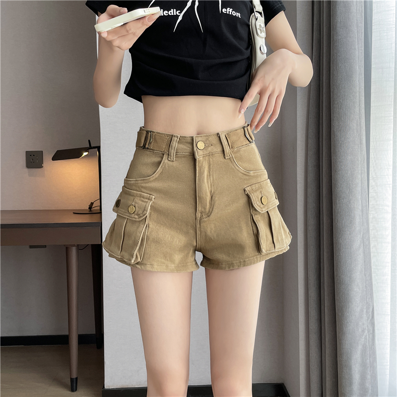 2025年夏季新款弹力牛仔短裤女美式高腰宽松系带设计感辣妹工装裤