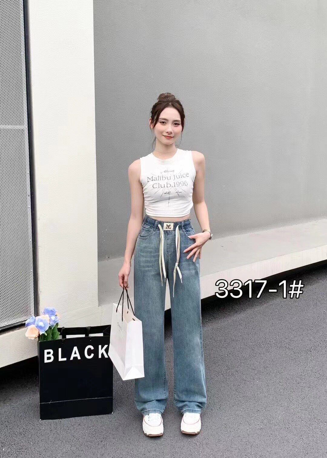 春秋款女士阔腿牛仔裤2026新款松紧高腰直筒裤显瘦松紧腰牛仔长裤