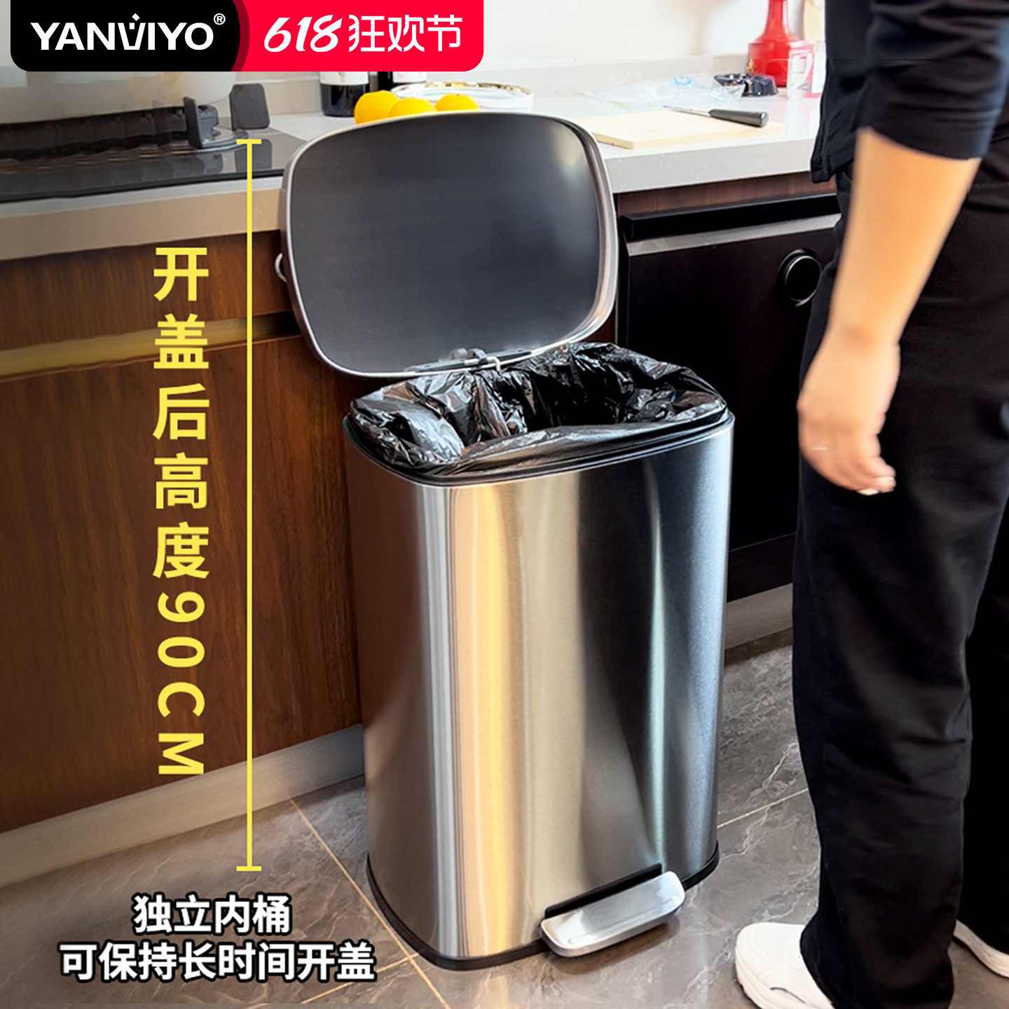 50L加厚不锈钢垃圾桶脚踏开盖商用酒店大堂垃圾桶大容量防臭带盖