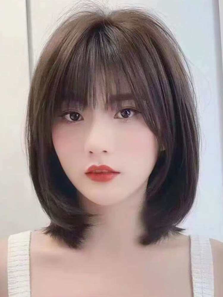 假发女短发网红真发头发型中长发自然全头套锁骨发真人发丝假发套