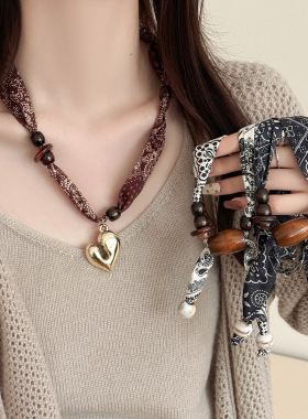 时髦腰果花木珠爱心丝巾项链女复古波西米亚挂脖长款抽拉式毛衣链
