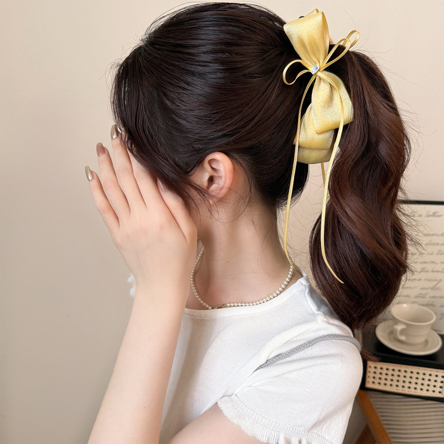 韩系甜美高级感扎马尾香蕉夹双面蝴蝶结飘带发夹气质公主竖夹头饰