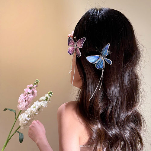 花香梦蝶 精致蝴蝶水钻流苏发夹女2025新款高端侧边夹子头饰发卡