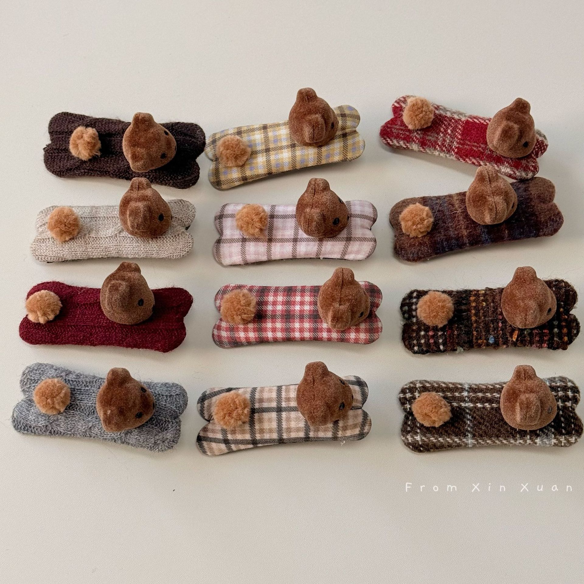 甜美学院风格纹毛绒小熊发夹女2025新款韩系秋冬刘海夹鸭嘴夹发饰