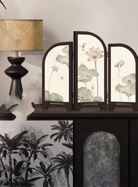 新中式小屏风桌面摆件覆古国风装饰画茶室家居边柜斗柜摆画新款