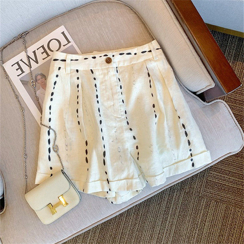 老钱慵懒风条纹印花亚麻休闲短裤男女夏季设计感高腰显瘦阔腿裤子