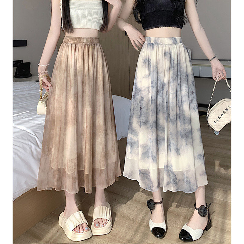 夏季薄款小个子a字水墨扎染雪纺半身裙子仙女超仙森系女2025新款