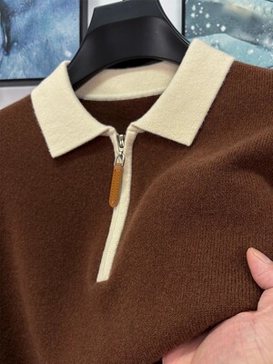 北欧简约！100%绵羊毛！半拉炼针织衫男秋冬季休闲碰色翻领polo衫