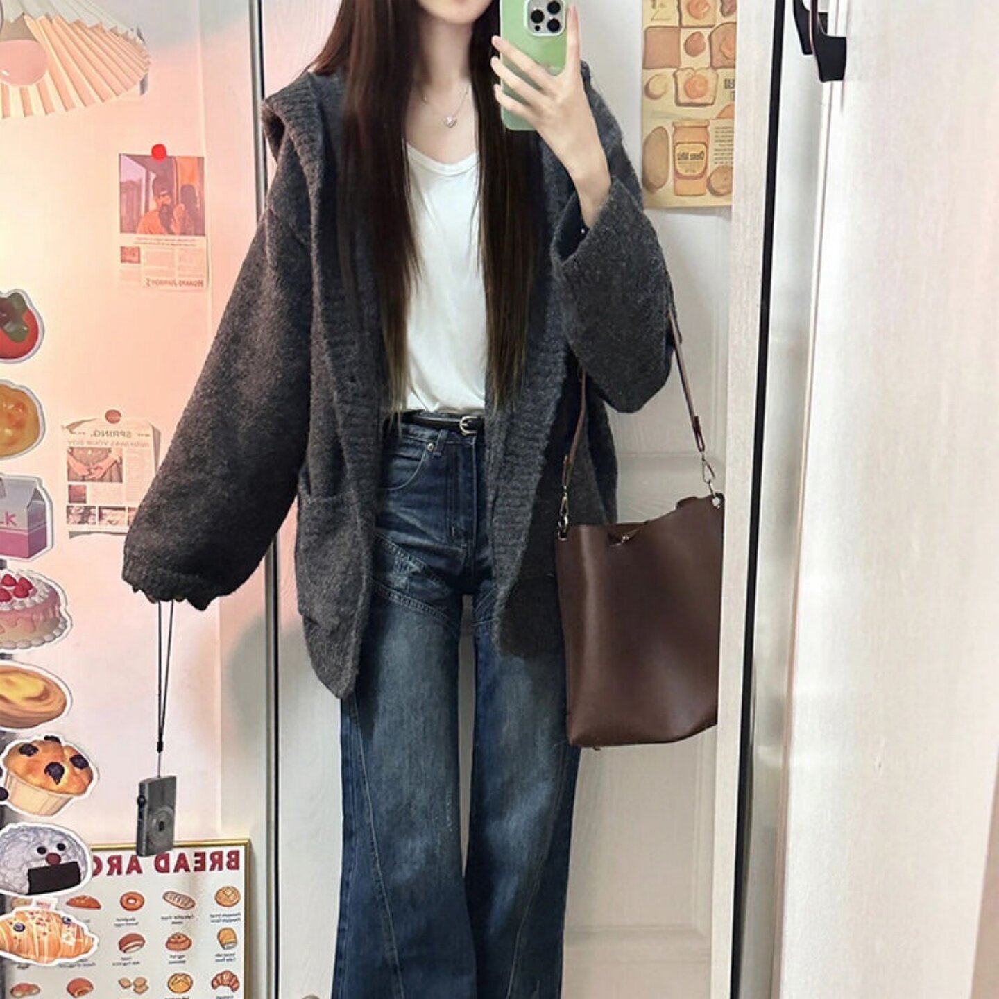 韩系chic灰色连帽毛衣外