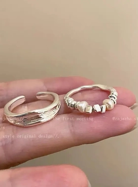 珍珠碎银子戒指女生2025小众设计轻奢高级感食指戒粗胖手大号指环