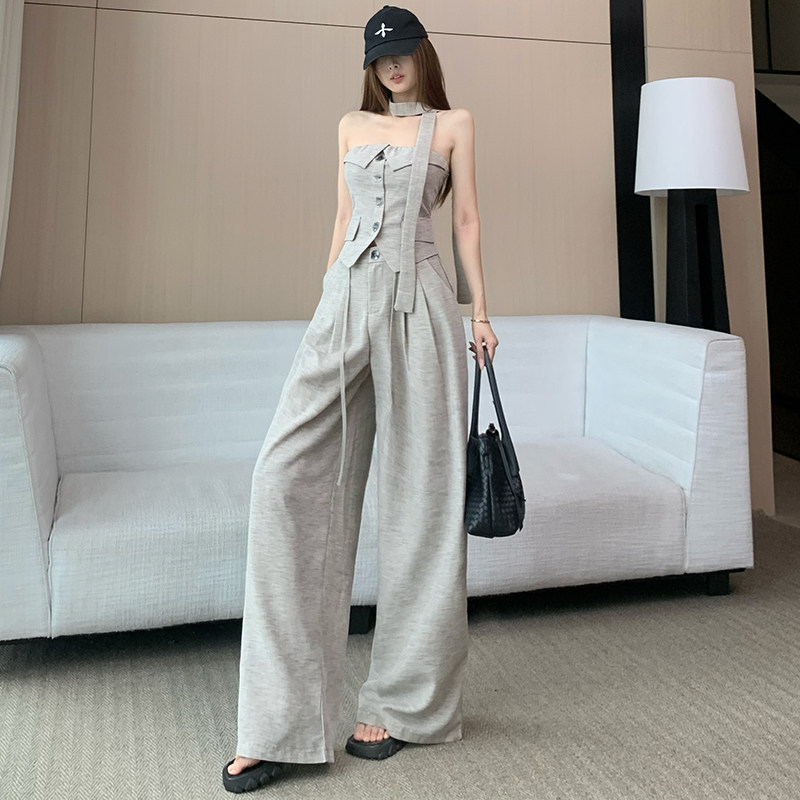 小香风时尚套装女2026洋气夏季薄款辣妹抹胸上衣阔腿裤垂感两件套