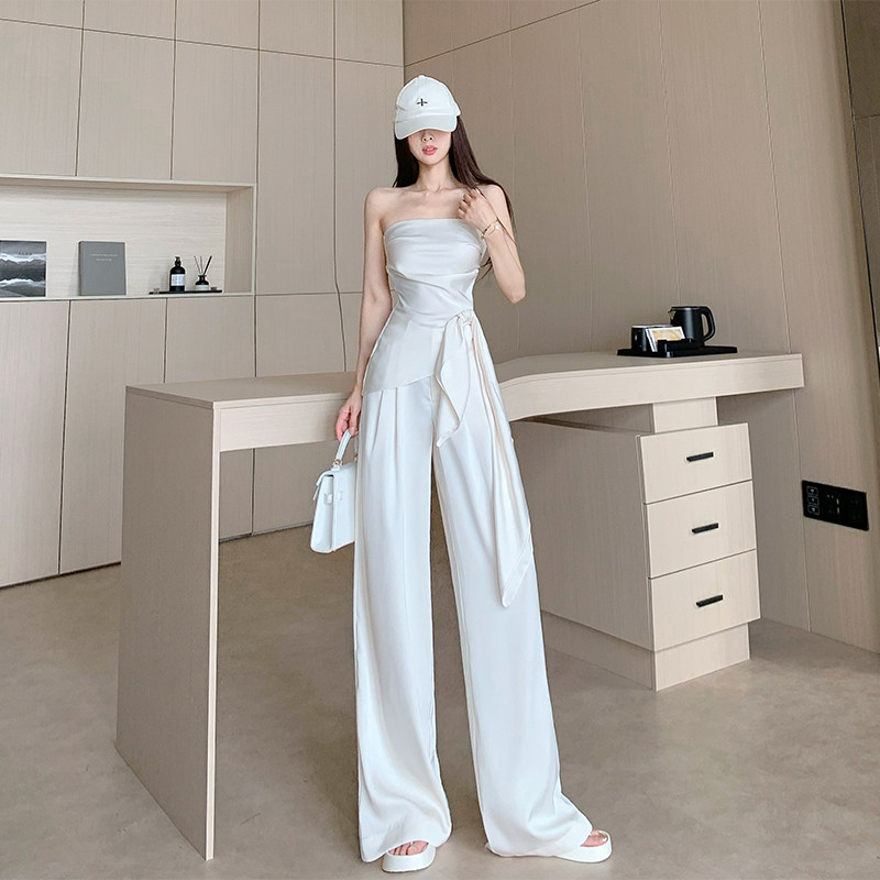 高级感缎面阔腿裤套装女夏时尚气质不规则绑带抹胸上衣休闲两件套