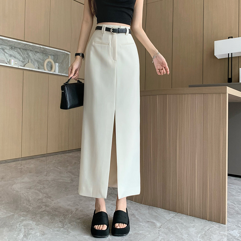 杏色西装半身裙新款夏季休闲高腰显瘦直筒裙中长款白色开叉包臀裙