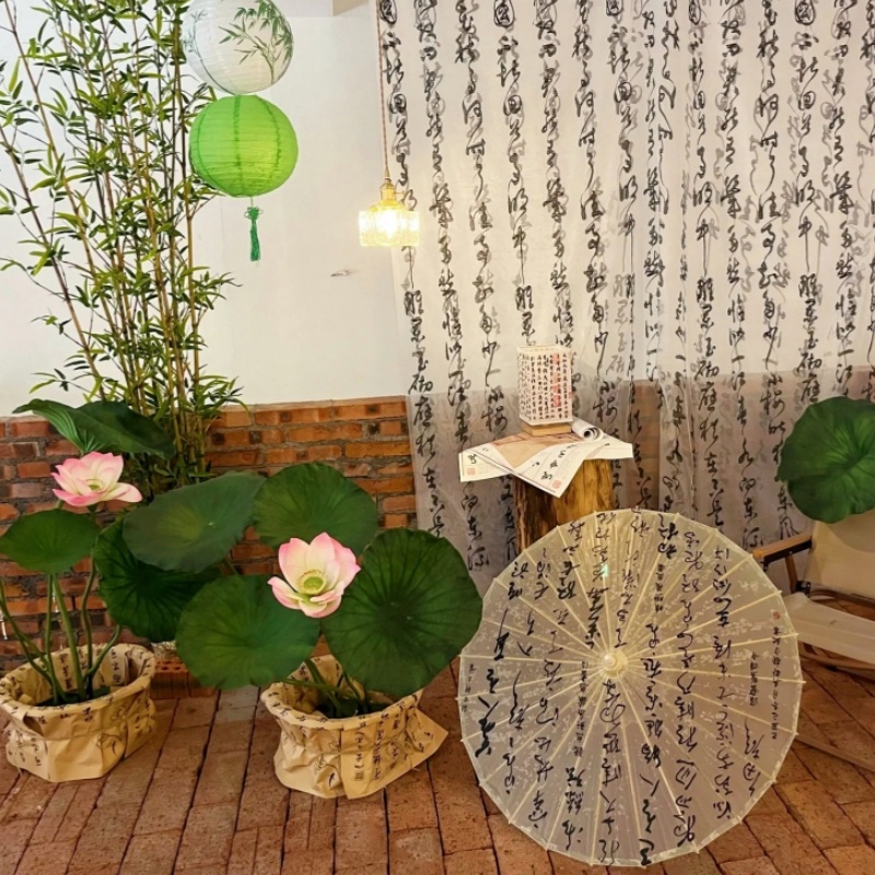 古风书法油纸伞汉服拍照国风道具伞新中式庭院茶馆装饰仿真荷花叶