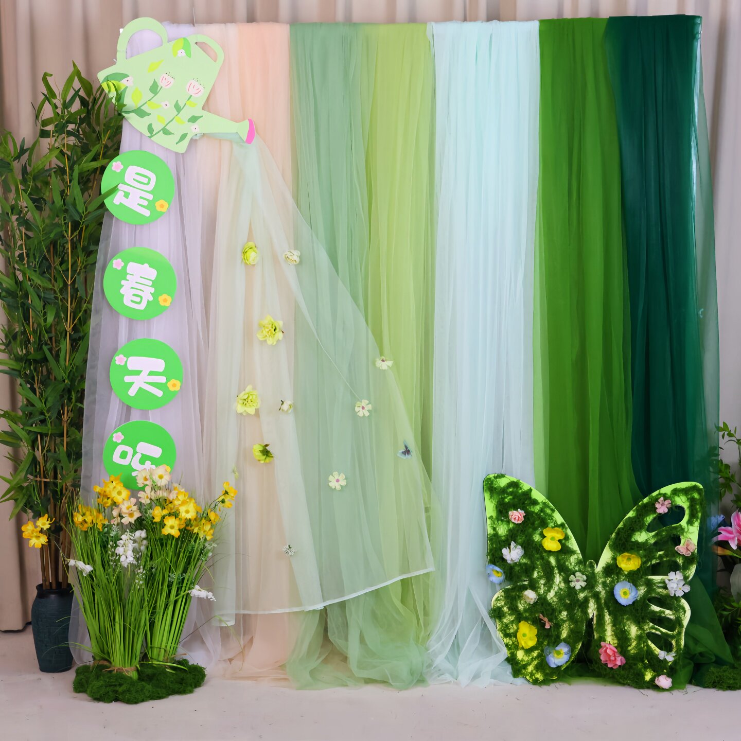 绿色纱幔幼儿园自然植物角春季氛围装饰大厅空中吊饰瀑布网纱布料