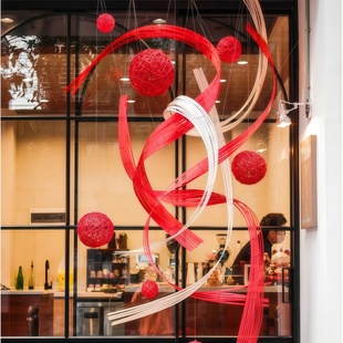 红色竹排竹编新年氛围感美陈装饰店铺橱窗门头幼儿园吊顶挂饰竹排