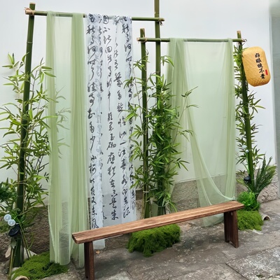 国风森系绿色网纱布料古风书法纱幔新中式婚庆背景装饰端午节布置