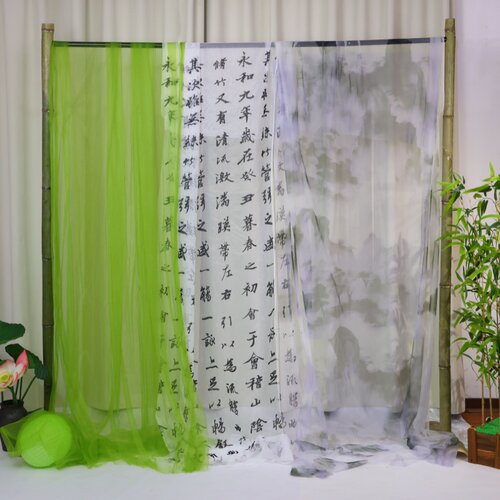 国风水墨山水画绿色渐变扎染纱幔新中式古风场景布置婚礼商场装饰