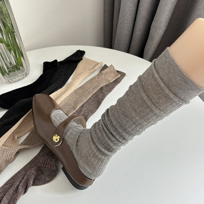 慵懒风竖纹堆叠灰色袜子女小腿袜夏季薄款miu系时髦复古棕色长袜