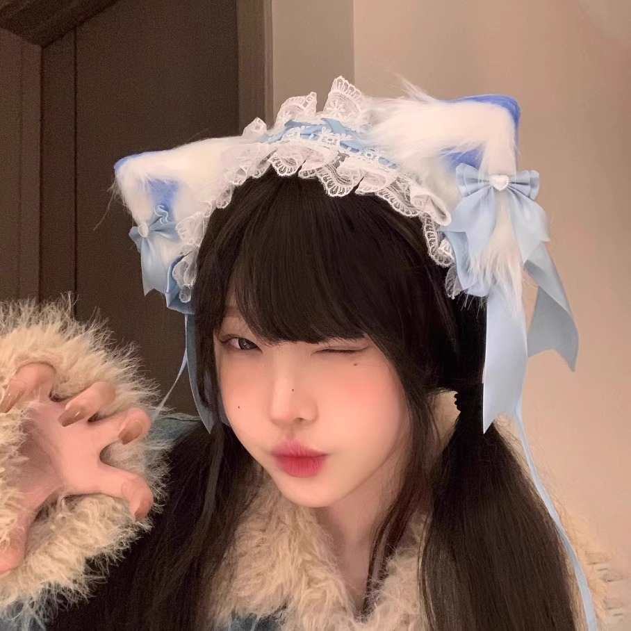 蓝色洛丽塔cos猫耳朵发箍lolita猫娘兽耳发带KC头饰发夹女仆发饰