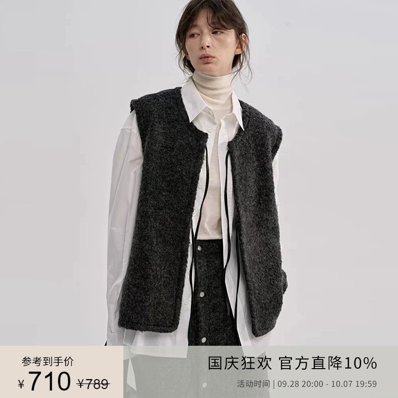 PLANITES圈圈绒拼皮系带马甲外套图片
