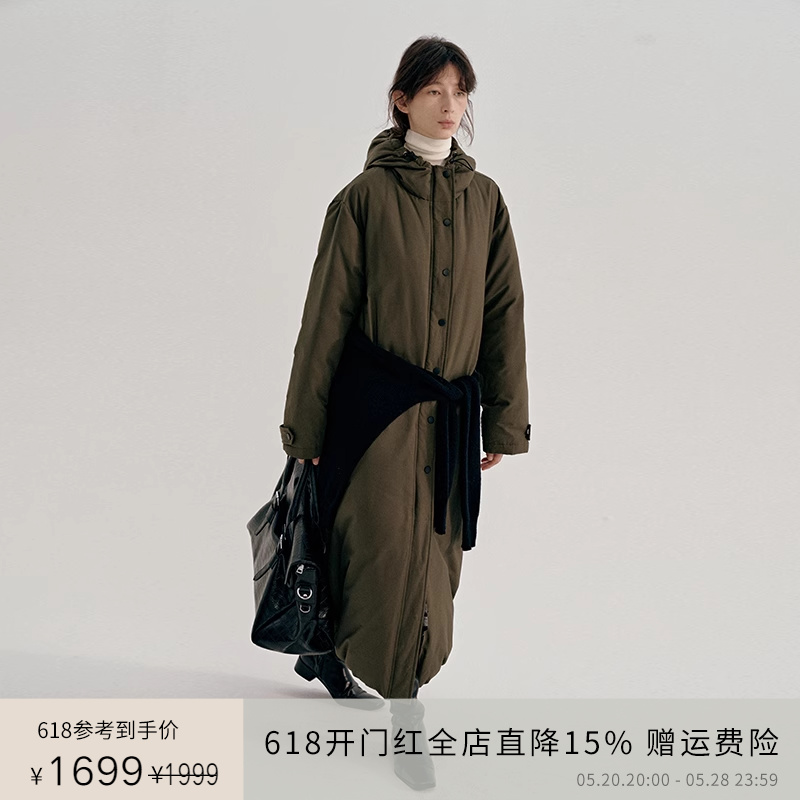 PLANITES 23AW vol.6 90白鹅绒棉感军绿色抽绳帽长款羽绒服