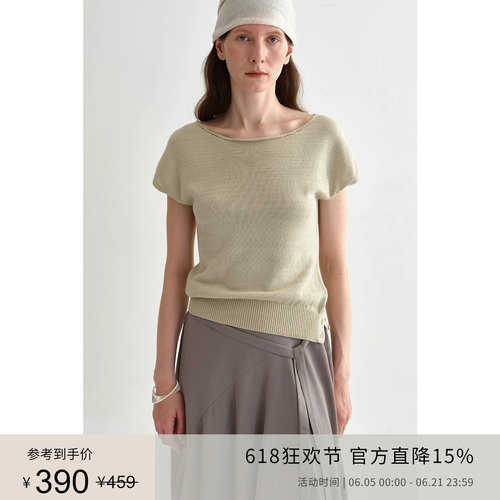 PLANITES 亚麻棉干爽透气 斜肩设计下摆纽扣收腰针织上衣