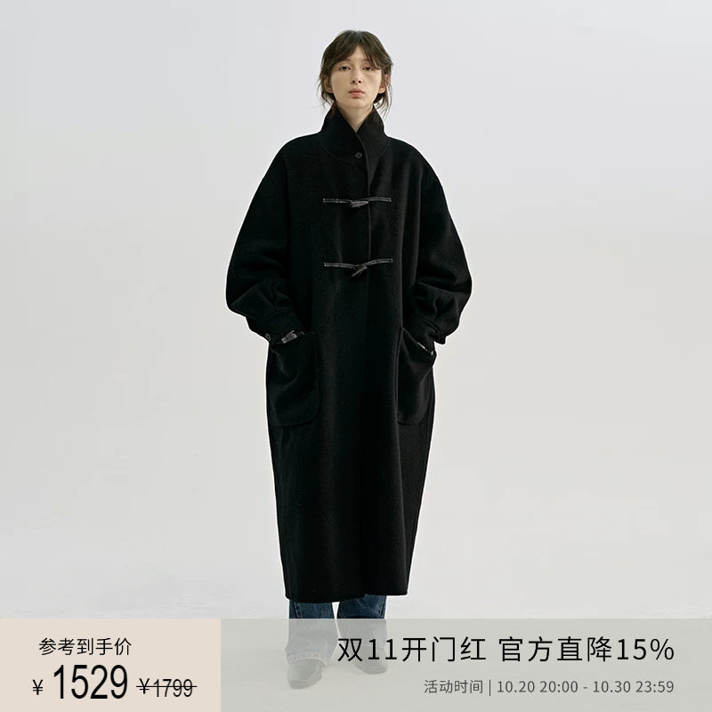 PLANITES 24AW vol.6 100%绵羊毛钢琴黑长款双面呢廓形牛角扣大衣